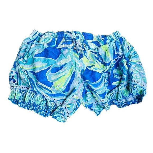 LILLY PULITZER Bright Blue Green White Colorful Ocean Pull On Drawstring Shorts - Picture 1 of 5